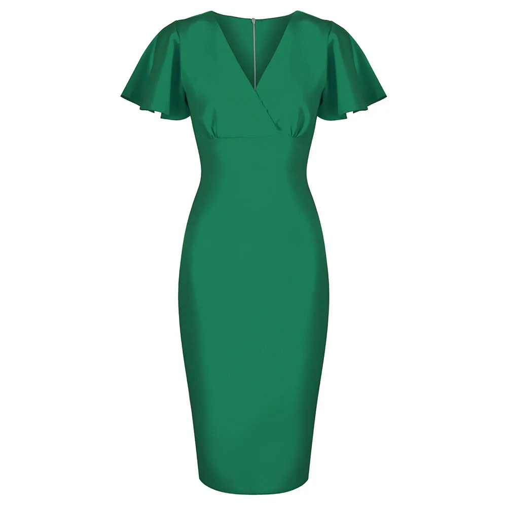 Emerald Green Half Sleeve Deep V Neck Crossover Top Wiggle Dress