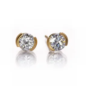 Forever One Moissanite Half Bezel Gold or Platinum Studs Earrings