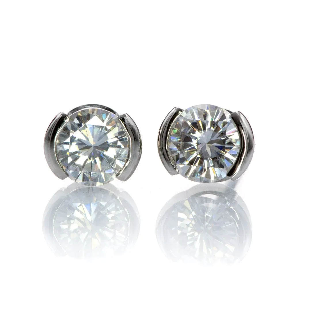 Forever One Moissanite Half Bezel Gold or Platinum Studs Earrings