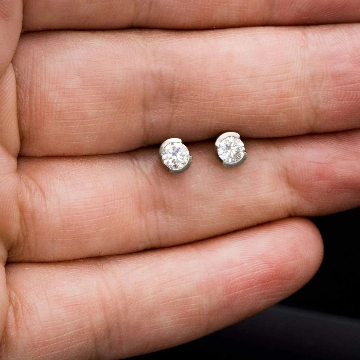 Forever One Moissanite Half Bezel Gold or Platinum Studs Earrings