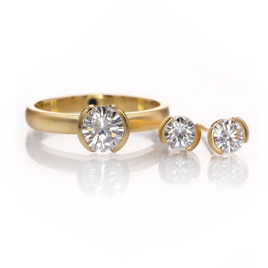 Forever One Moissanite Half Bezel Gold or Platinum Studs Earrings