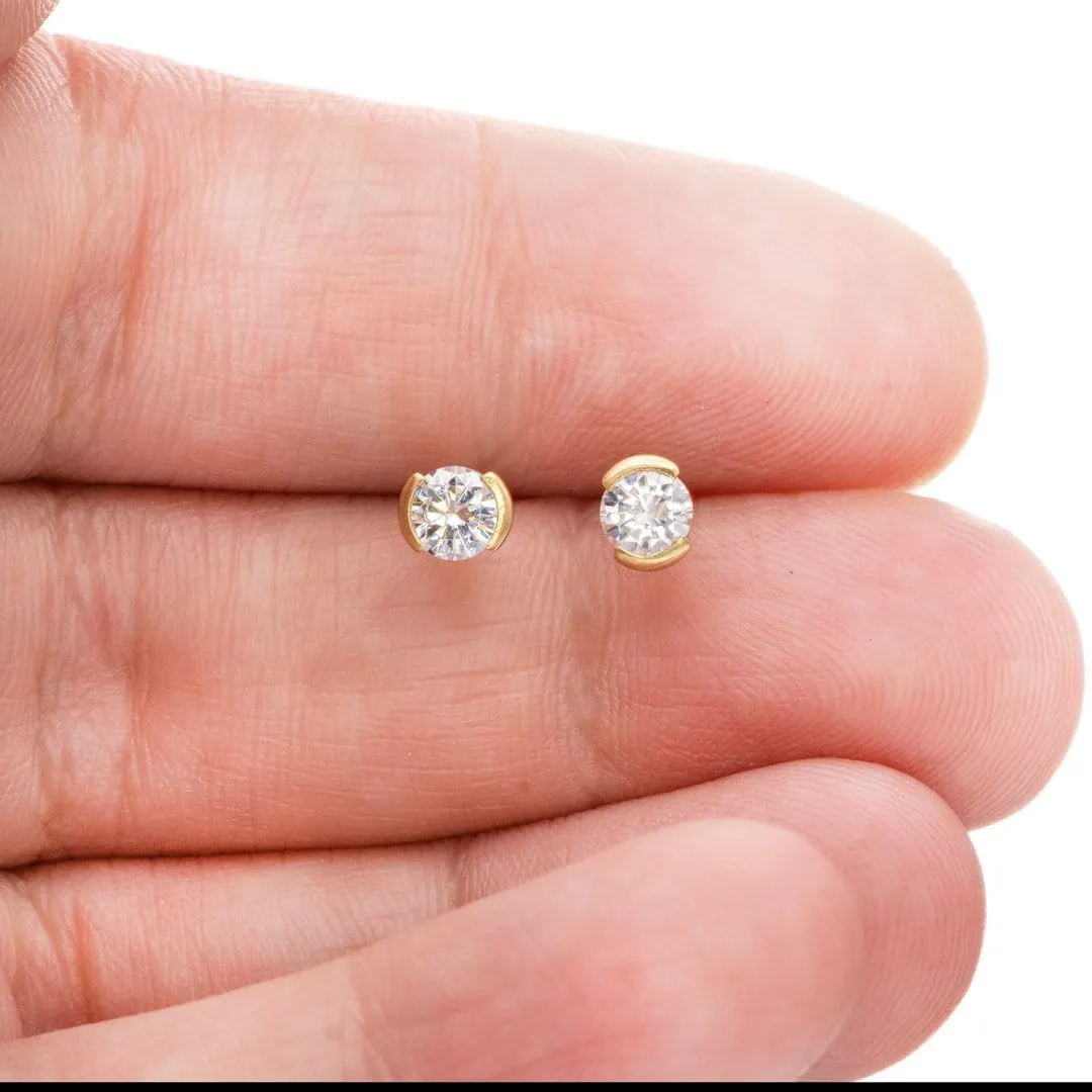 Forever One Moissanite Half Bezel Gold or Platinum Studs Earrings