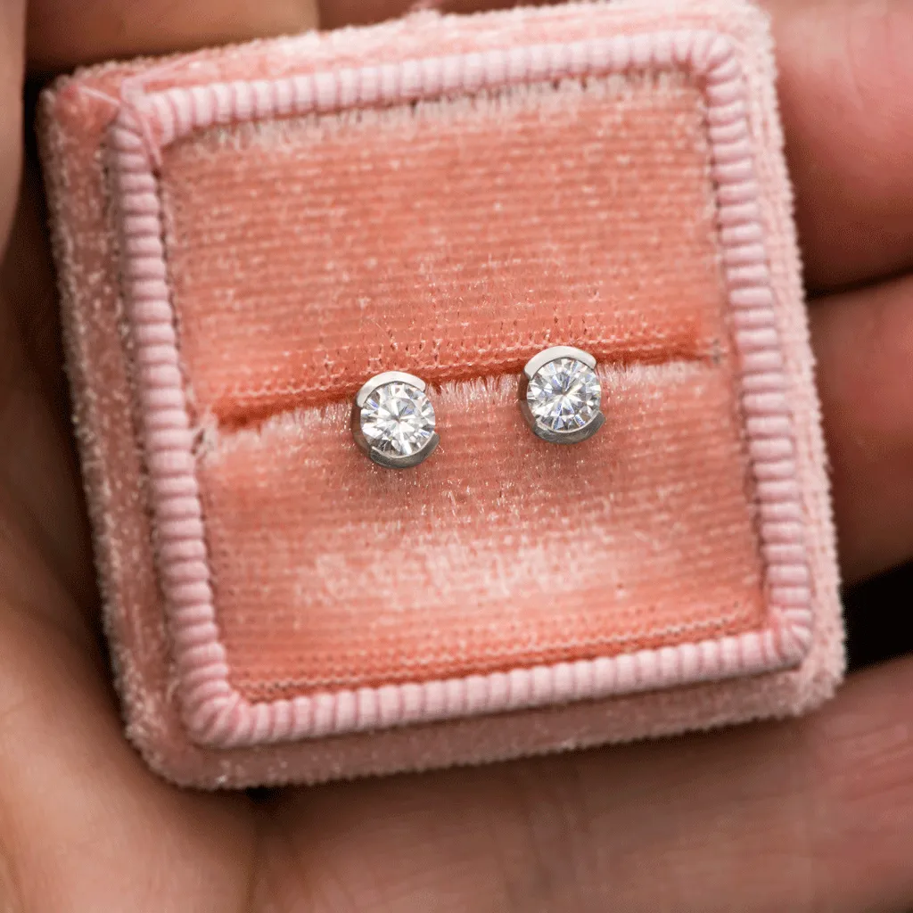 Forever One Moissanite Half Bezel Gold or Platinum Studs Earrings