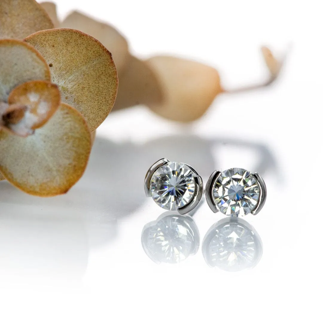 Forever One Moissanite Half Bezel Gold or Platinum Studs Earrings