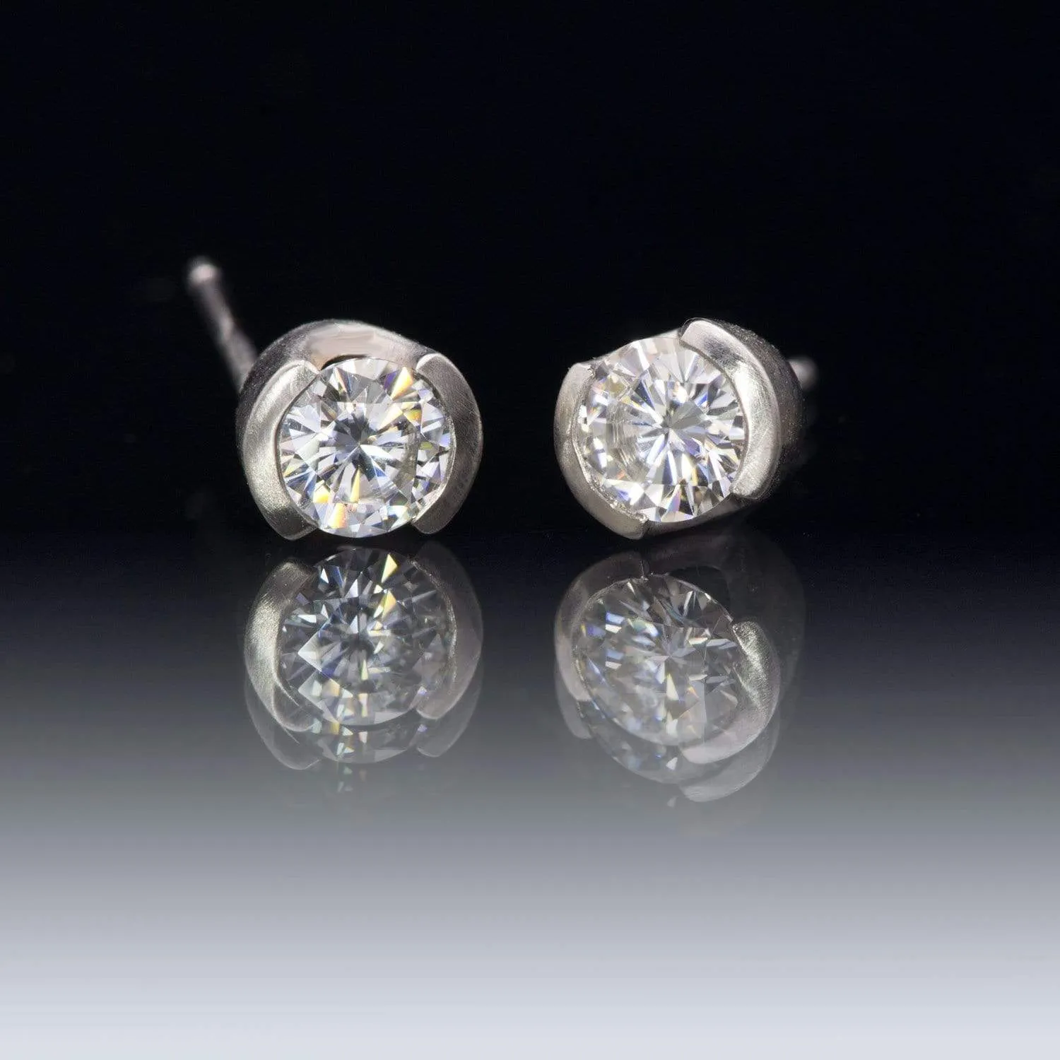 Forever One Moissanite Half Bezel Gold or Platinum Studs Earrings