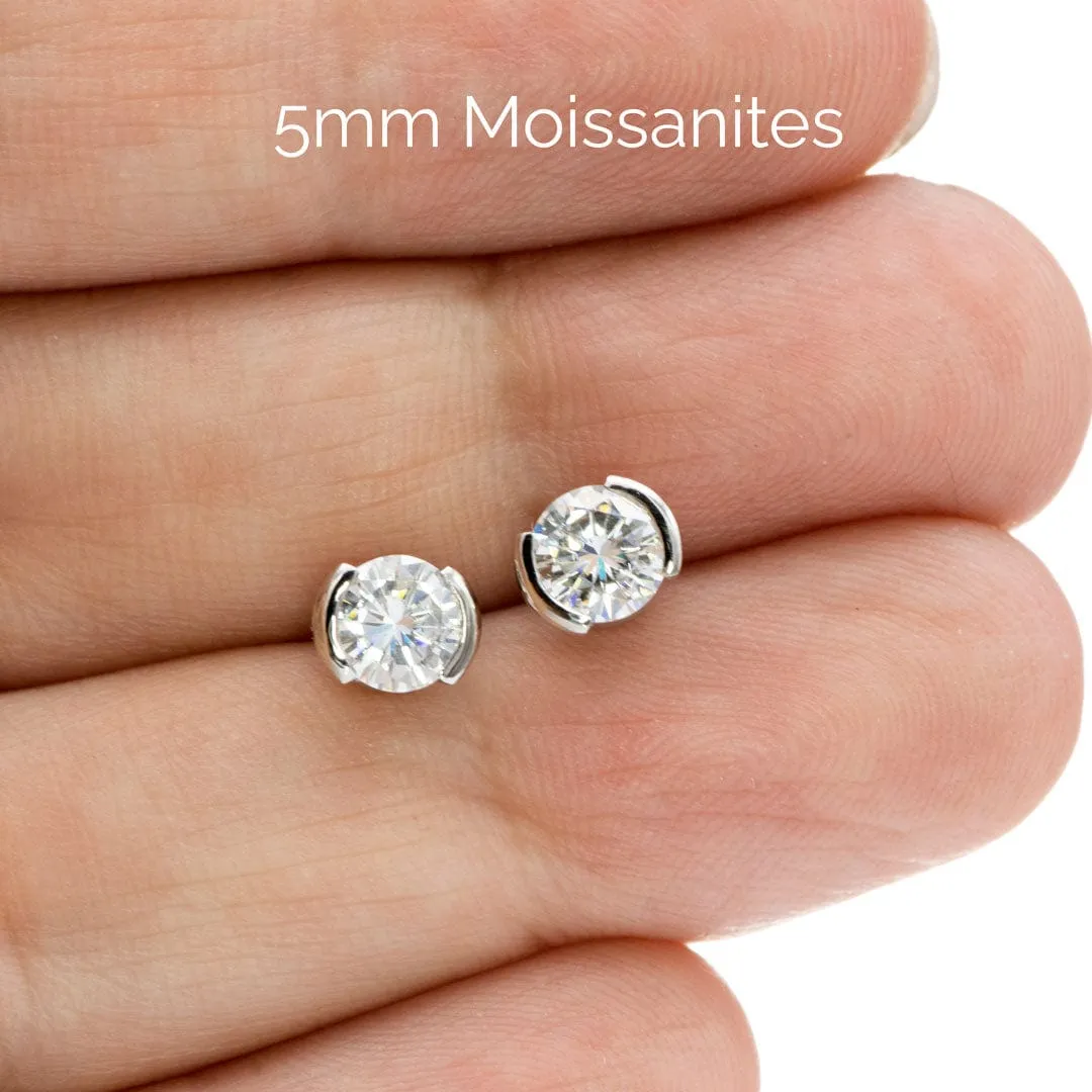 Forever One Moissanite Half Bezel Gold or Platinum Studs Earrings