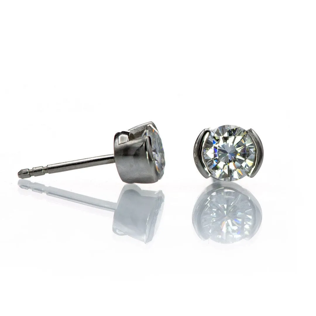 Forever One Moissanite Half Bezel Gold or Platinum Studs Earrings