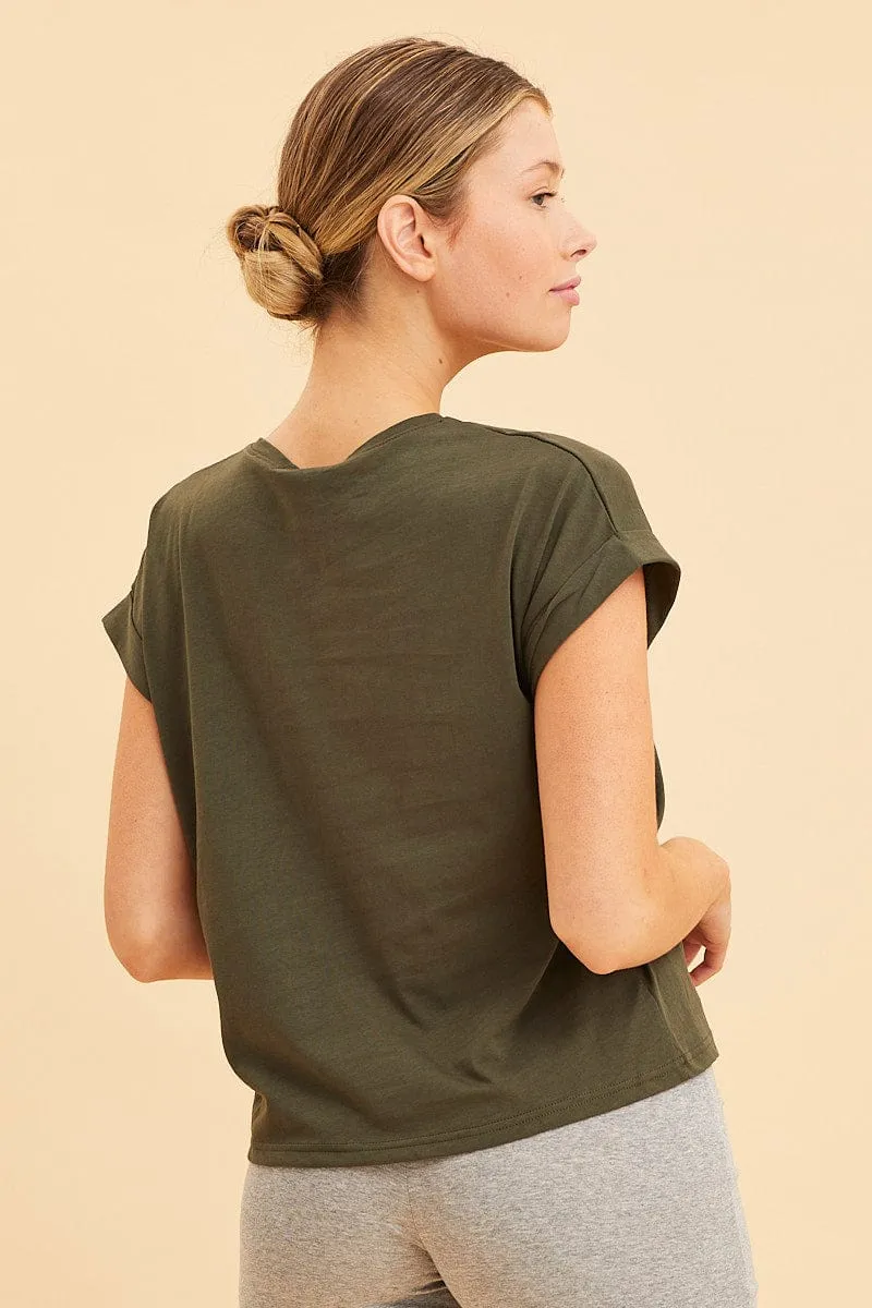 Green Cropped T-Shirt Crew Neck Roll Sleeve Cotton