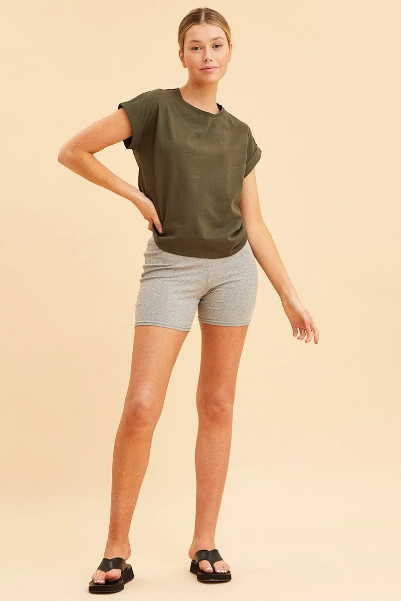 Green Cropped T-Shirt Crew Neck Roll Sleeve Cotton