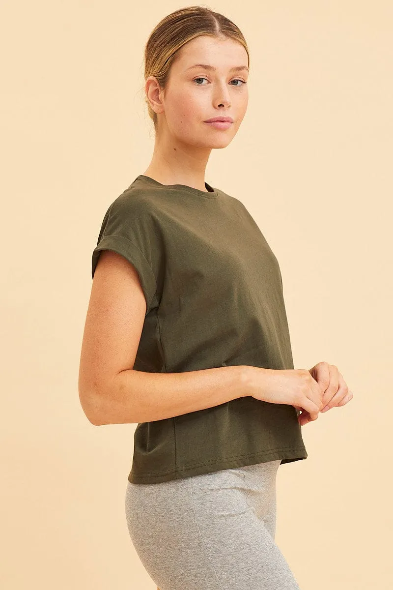 Green Cropped T-Shirt Crew Neck Roll Sleeve Cotton