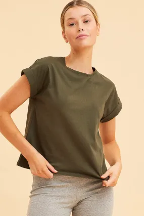 Green Cropped T-Shirt Crew Neck Roll Sleeve Cotton