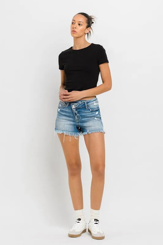 High Rise Distressed Criss Cross Shorts