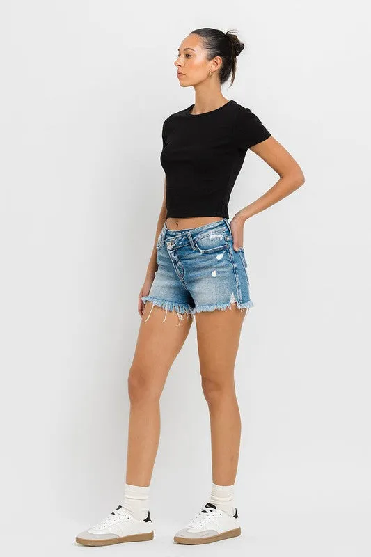 High Rise Distressed Criss Cross Shorts