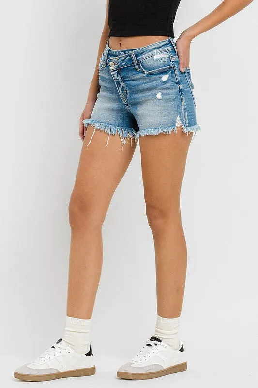 High Rise Distressed Criss Cross Shorts