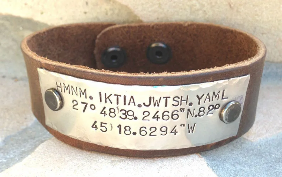 Husband Gift, Boyfriend Gift, Mens Bracelet, Personalized Mens Cuff, Leather bracelet, Coordinance location, Hand Stamped