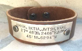 Husband Gift, Boyfriend Gift, Mens Bracelet, Personalized Mens Cuff, Leather bracelet, Coordinance location, Hand Stamped