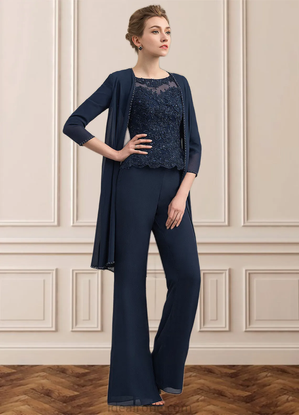 Jaliyah Jumpsuit/Pantsuit Scoop Neck Floor-Length Chiffon Lace Mother of the Bride Dress With Beading STK126P0014836