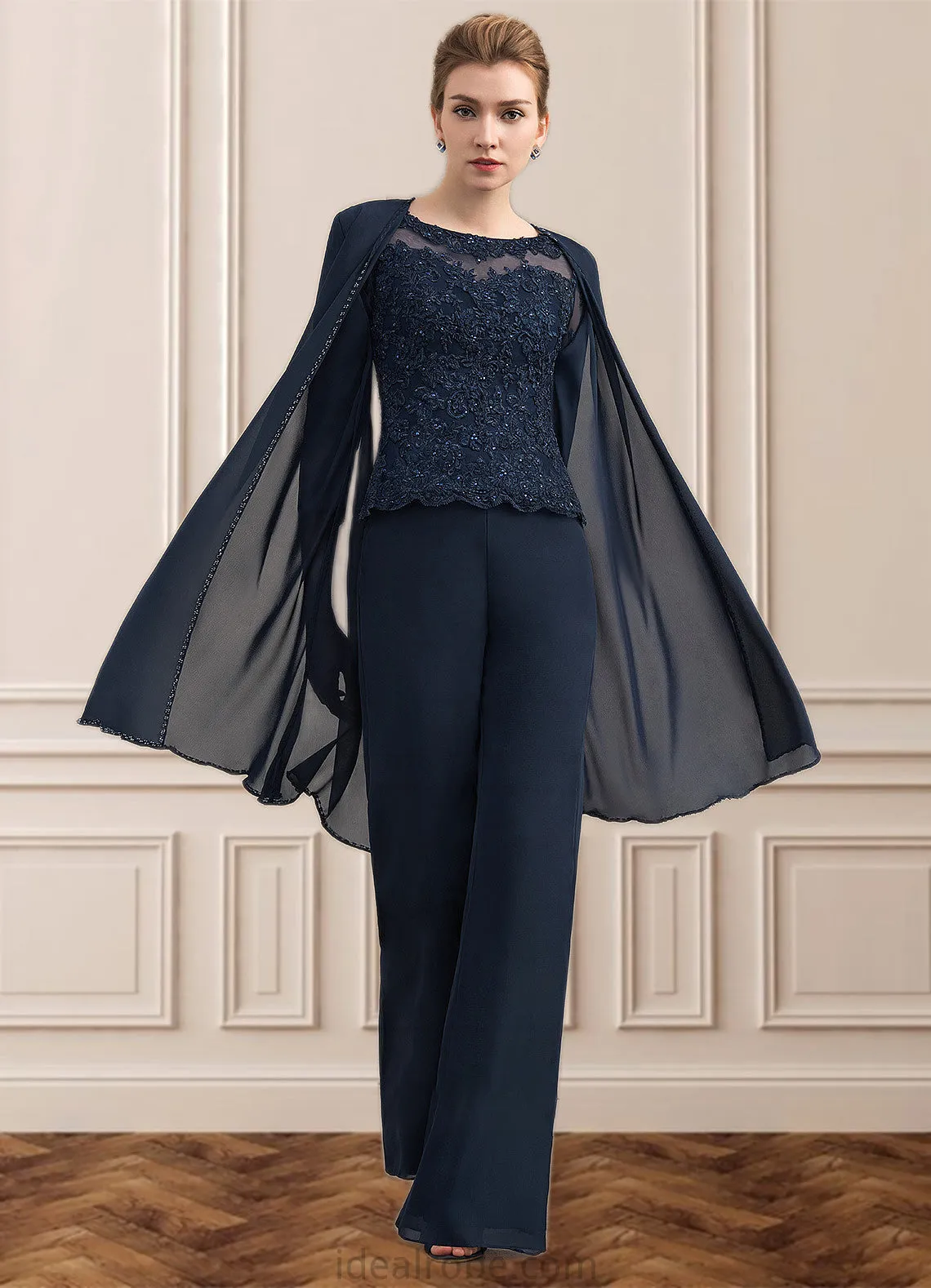 Jaliyah Jumpsuit/Pantsuit Scoop Neck Floor-Length Chiffon Lace Mother of the Bride Dress With Beading STK126P0014836