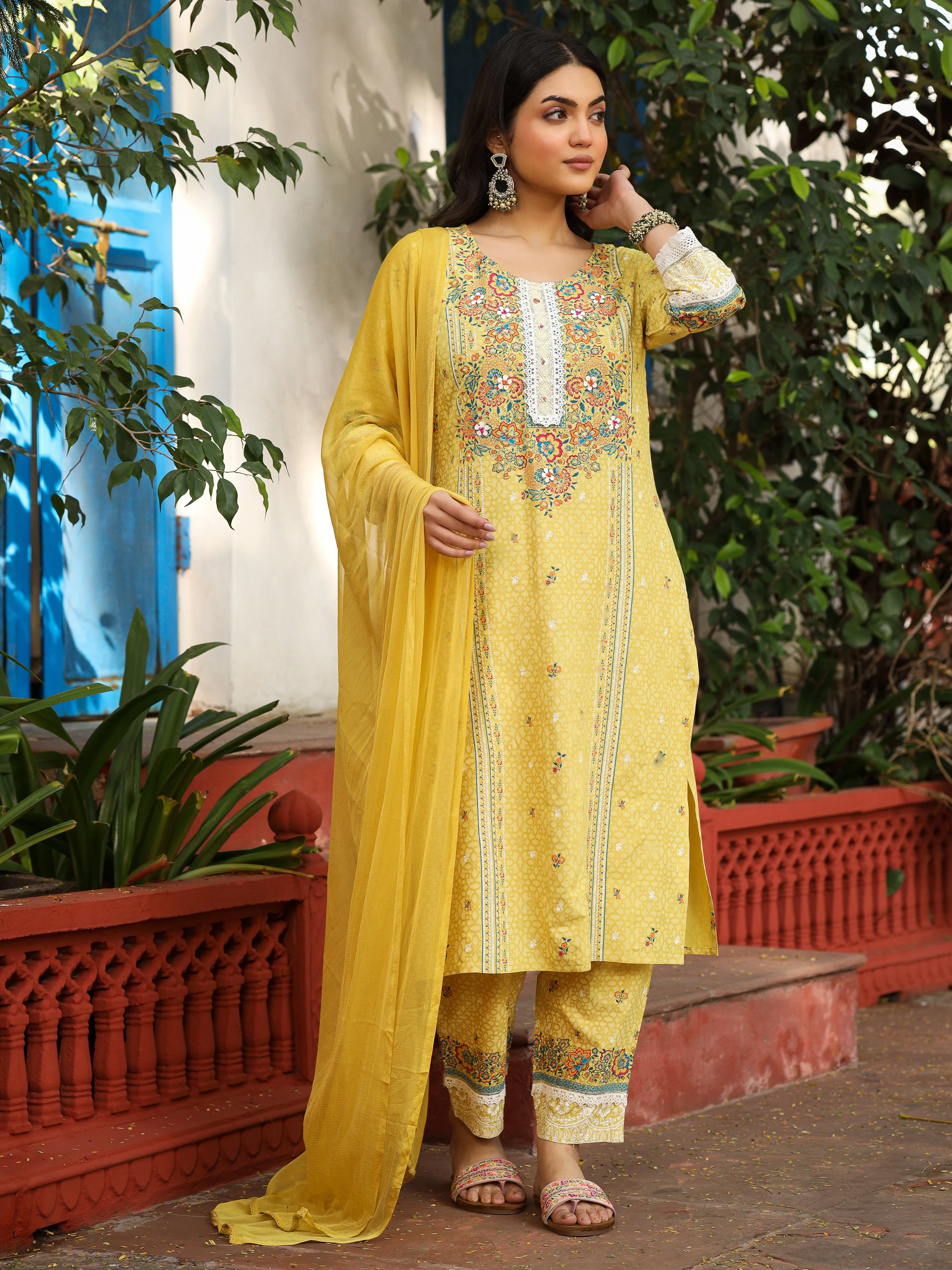 Juniper Mustard Floral printed Pure Cotton Kurta Pants & Dupatta With Lace Work