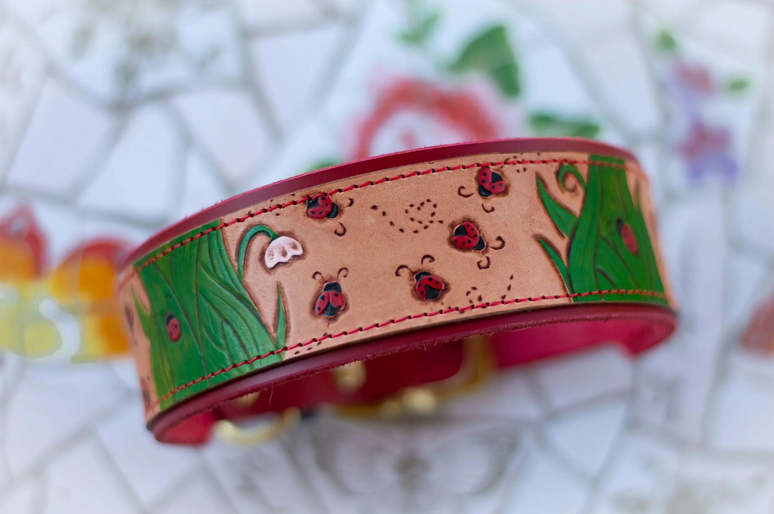 Ladybugs Leather Dog Collar