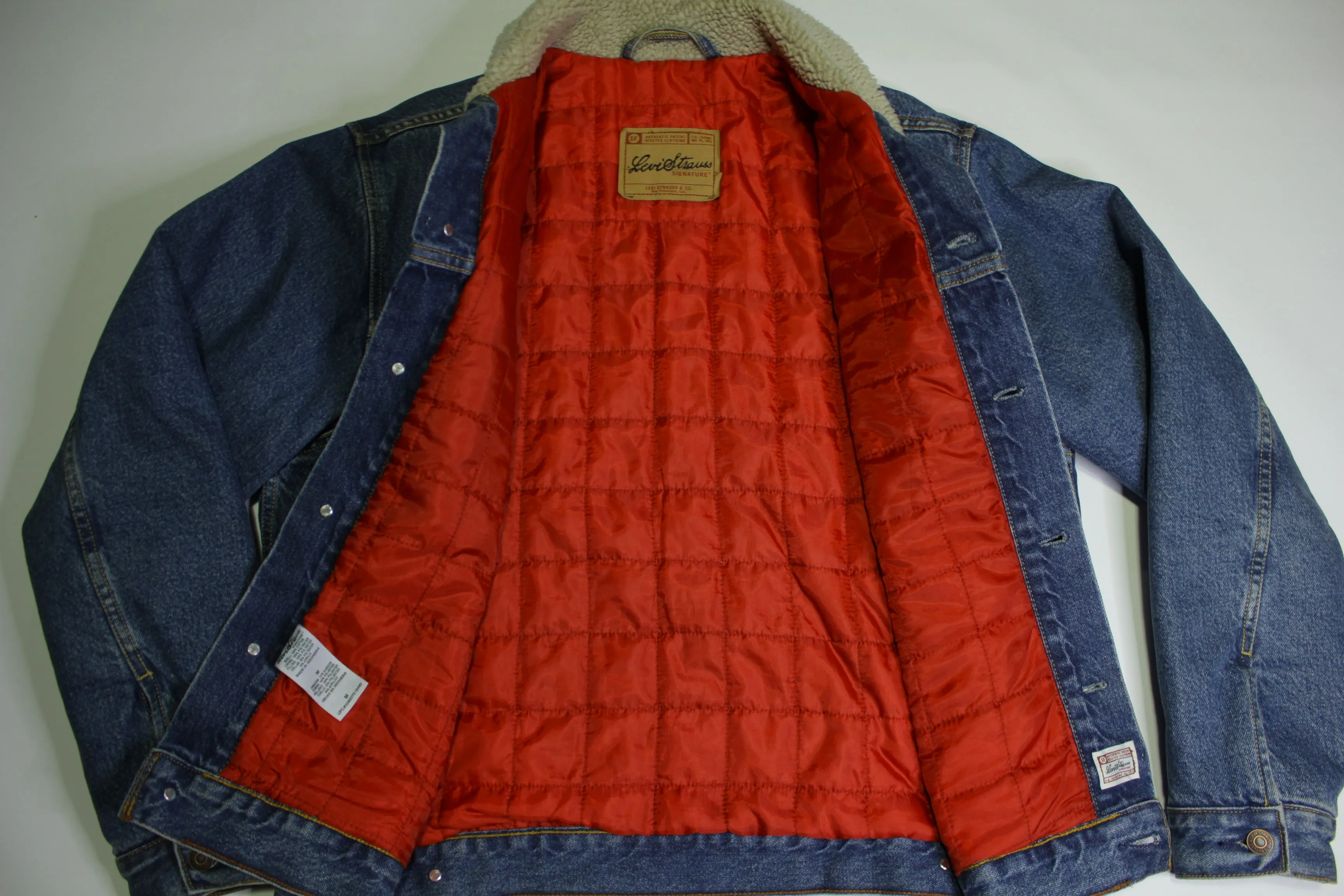 Levis Red Quilt Lined Signature Strauss Sherpa Collar Denim Trucker Jean Jacket