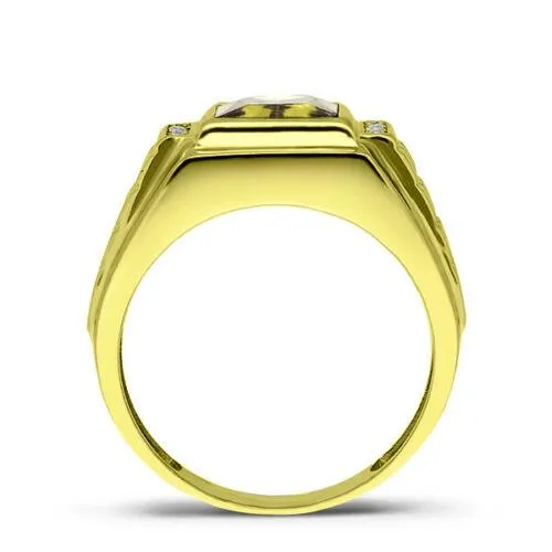 Men's Band Ring Comfort Fit Yellow Citrine and 4 Diamonds 14K  Solid Gold