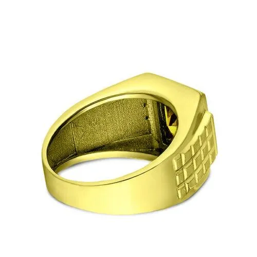 Men's Band Ring Comfort Fit Yellow Citrine and 4 Diamonds 14K  Solid Gold