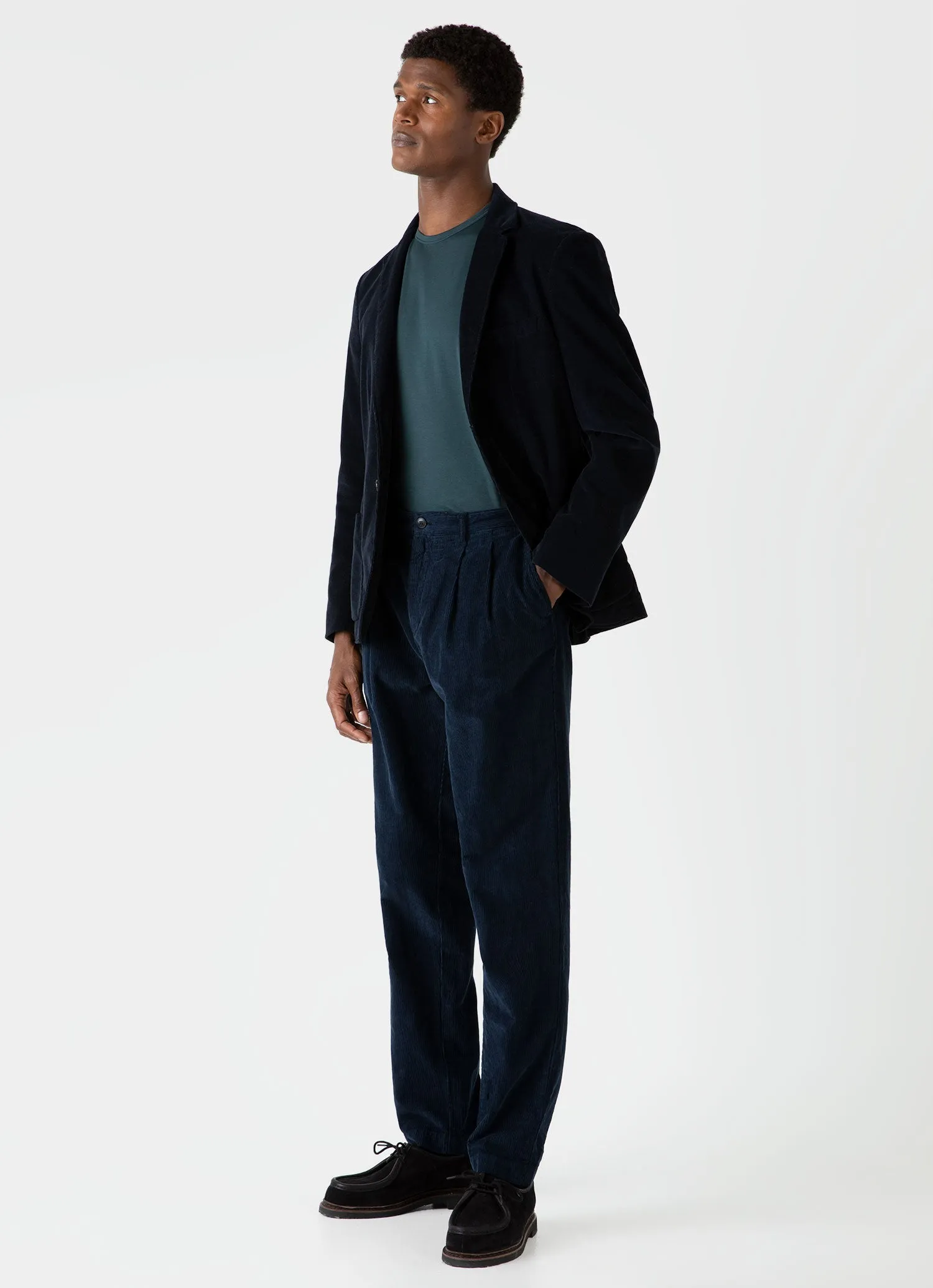 Men's Double Pleat Corduroy Trouser in Navy