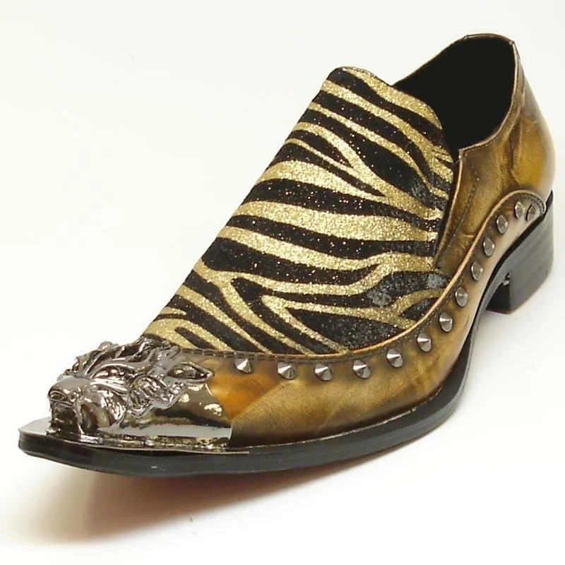 Men's New Fiesso Brown/Yellow Slip on Shoes Silver Pointed Metal Toe FI 6908