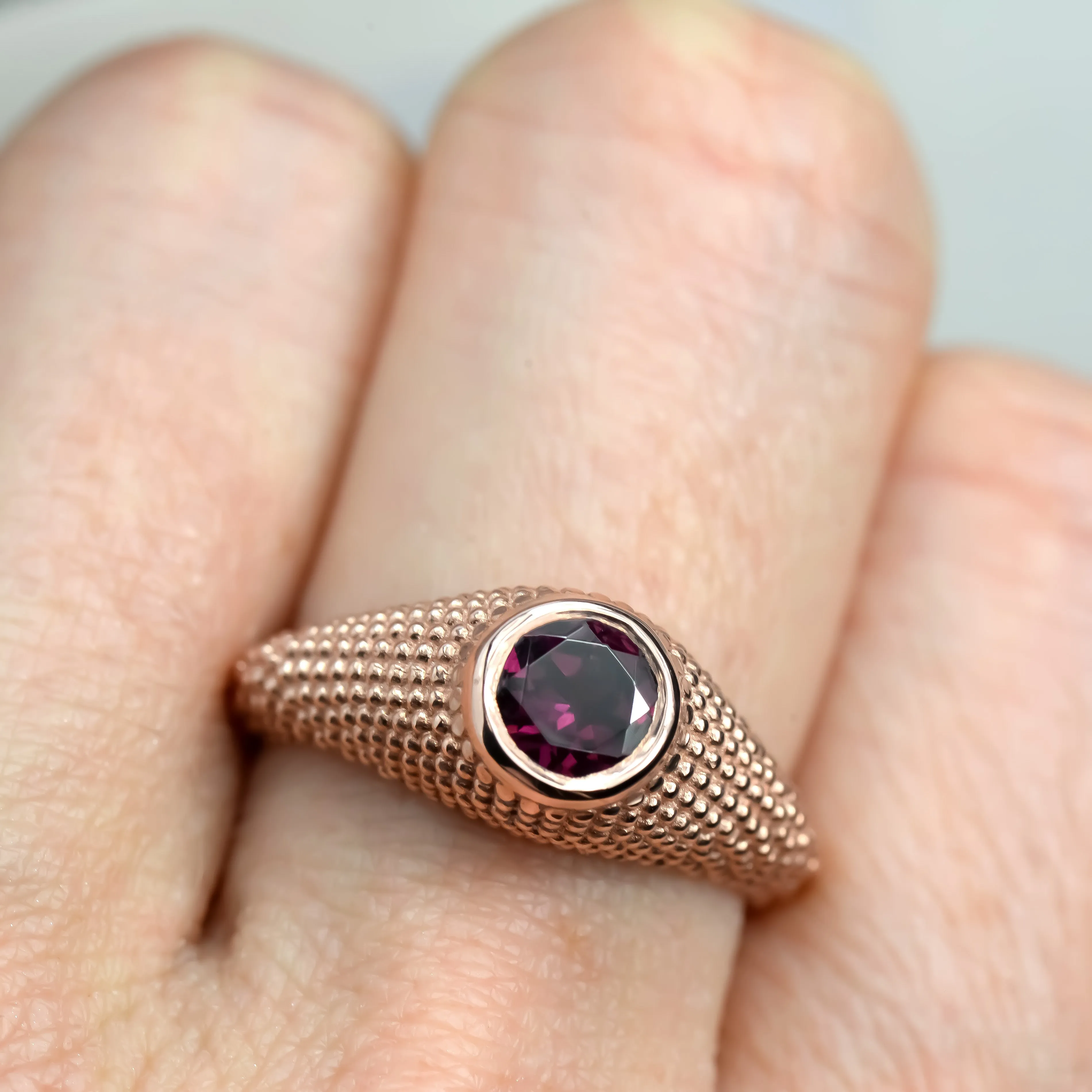 Nubia Round Rhodolite Rose Gold Ring Size 7.25US