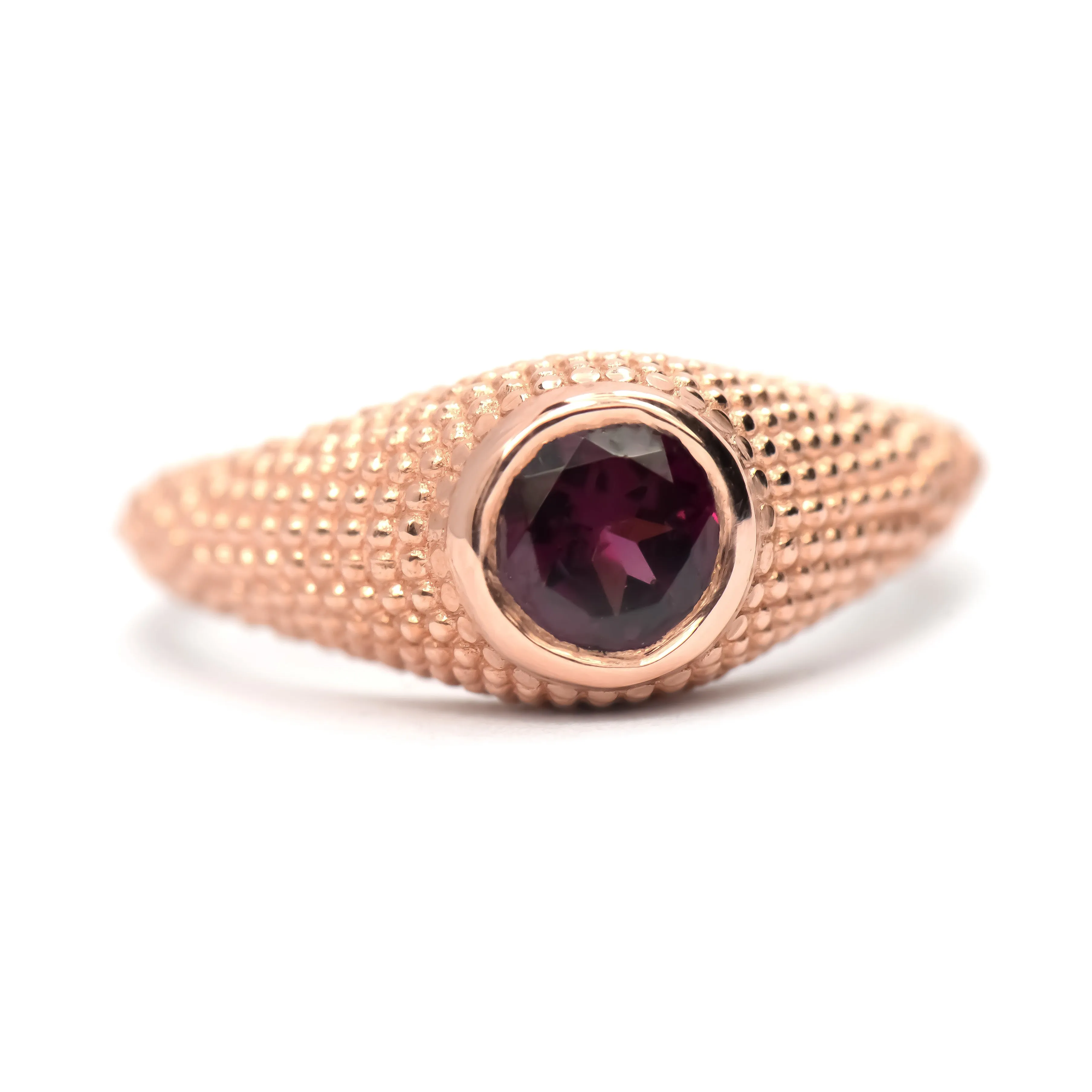 Nubia Round Rhodolite Rose Gold Ring Size 7.25US