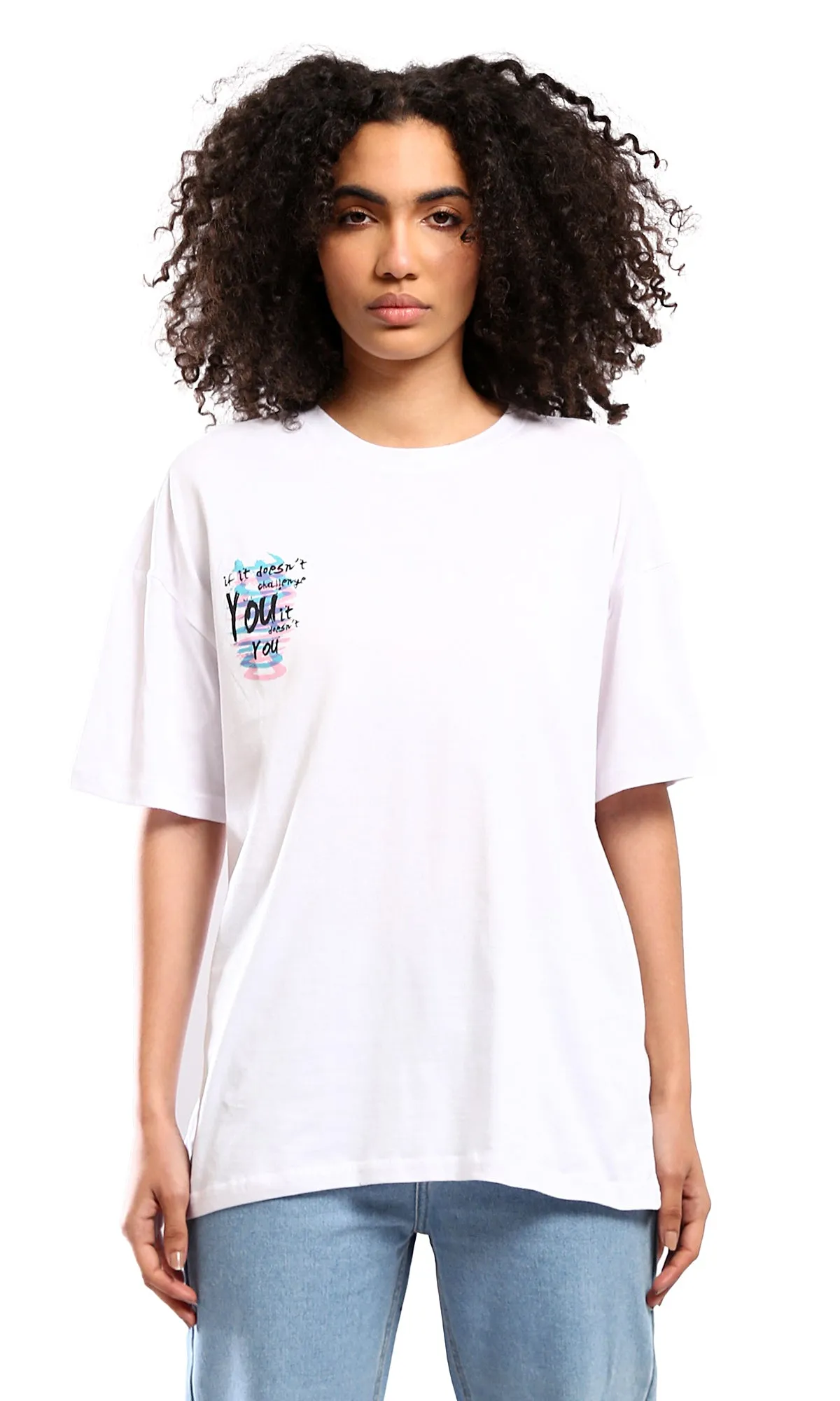 O178405 White Front Print & Back Cotton Casual Tee