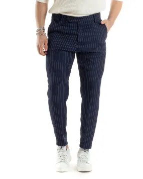 Pantaloni Uomo Gessati Viscosa Tasca America Rigato Classico Abbottonatura Allungata Casual Blu GIOSAL-P6036A