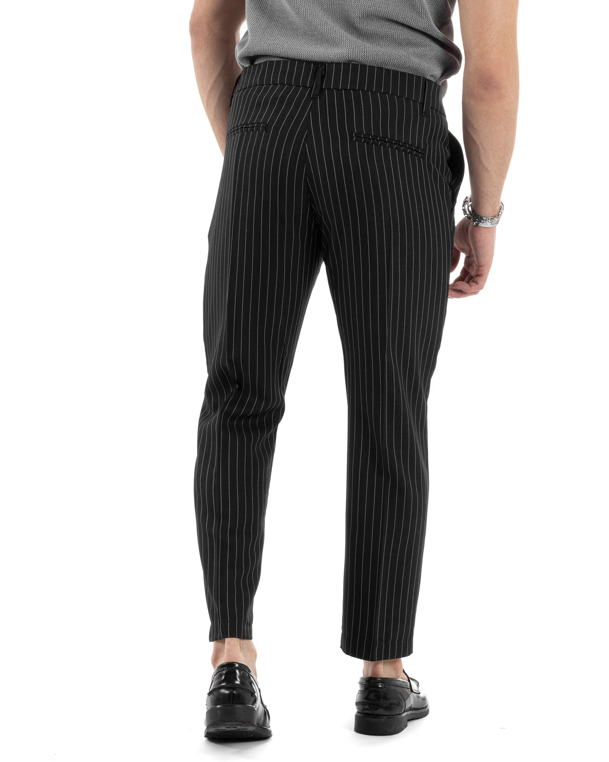 Pantaloni Uomo Gessati Viscosa Tasca America Rigato Classico Abbottonatura Allungata Casual Nero GIOSAL-P6034A