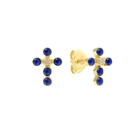 Pearled Cross Diamond Earrings, Lapis, Yellow Gold