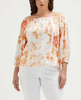 Plus Size Floral Print Lace Trim Off the Shoulder Top