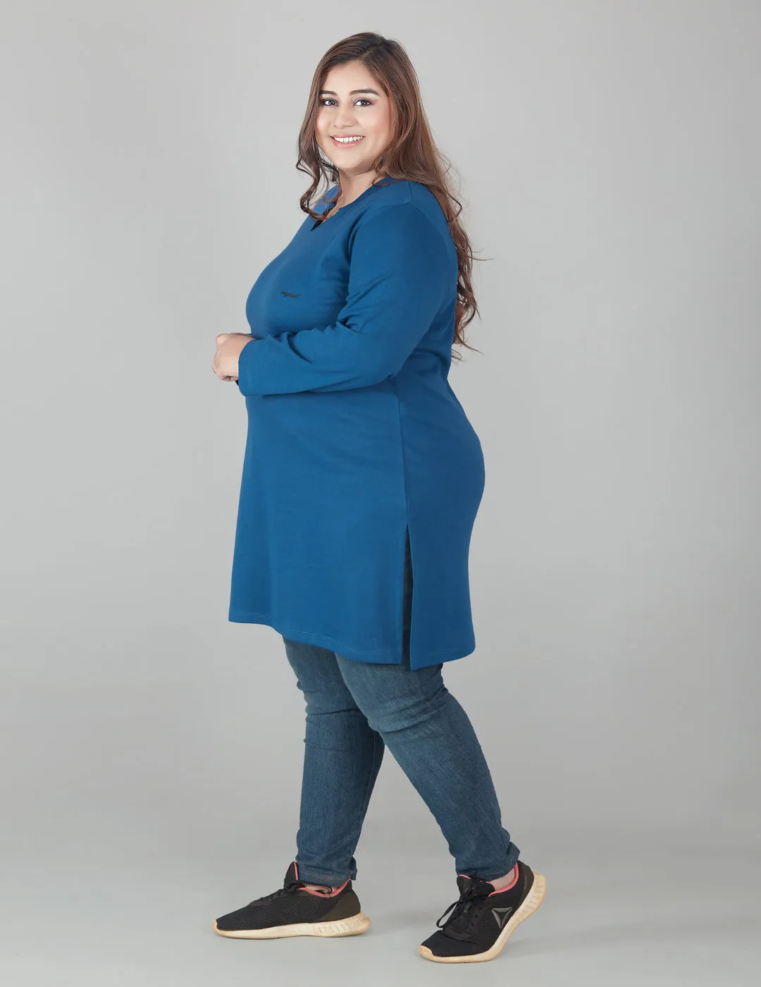 Plus Size Full Sleeves Long Top For Women - Blue