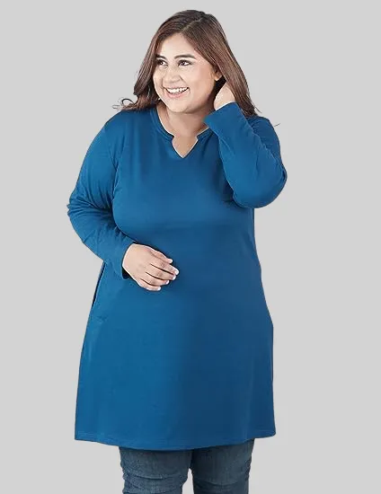 Plus Size Full Sleeves Long Top For Women - Blue