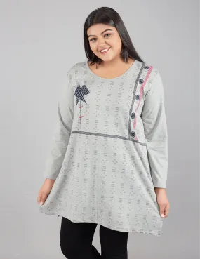 Plus Size Printed Long Tops For Women Full Sleeves T-shirts - Grey