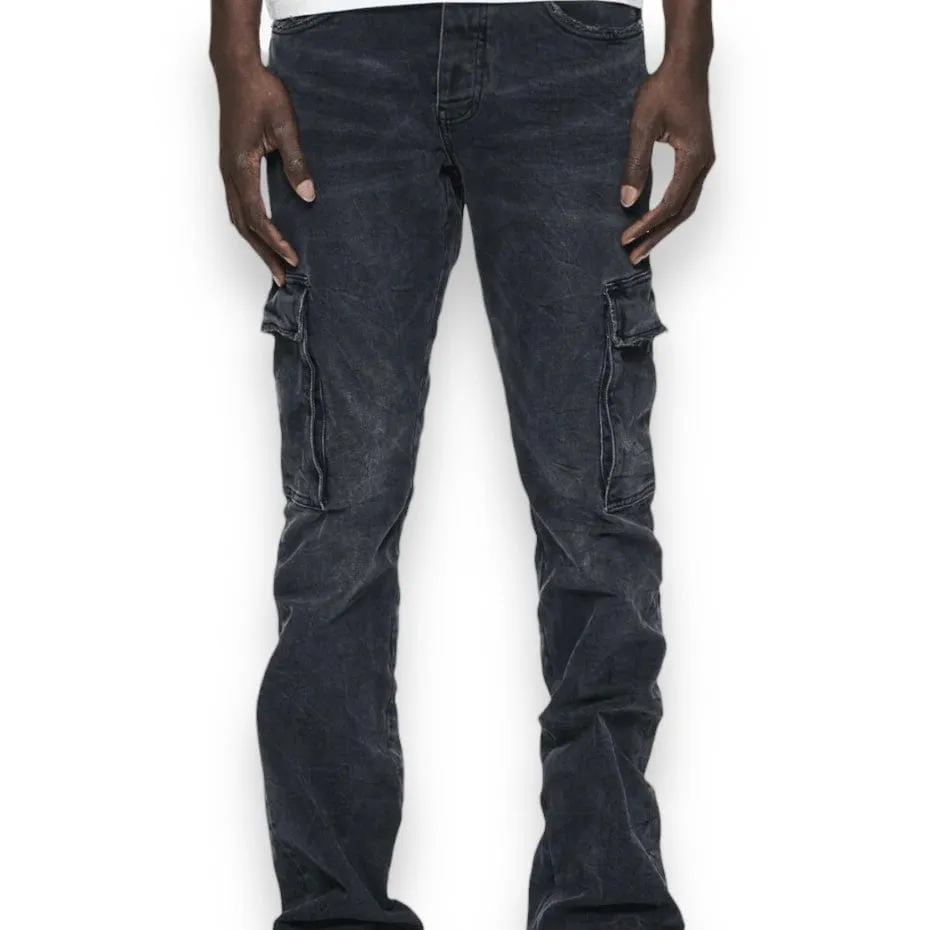 Purple Brand Black Washed Cargo Flare Denim (Black) P004-BLWC823