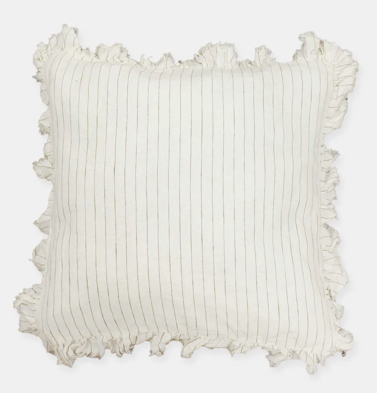 Ruffled Linen Cushion in Thin Olive Stripe – 45 cm