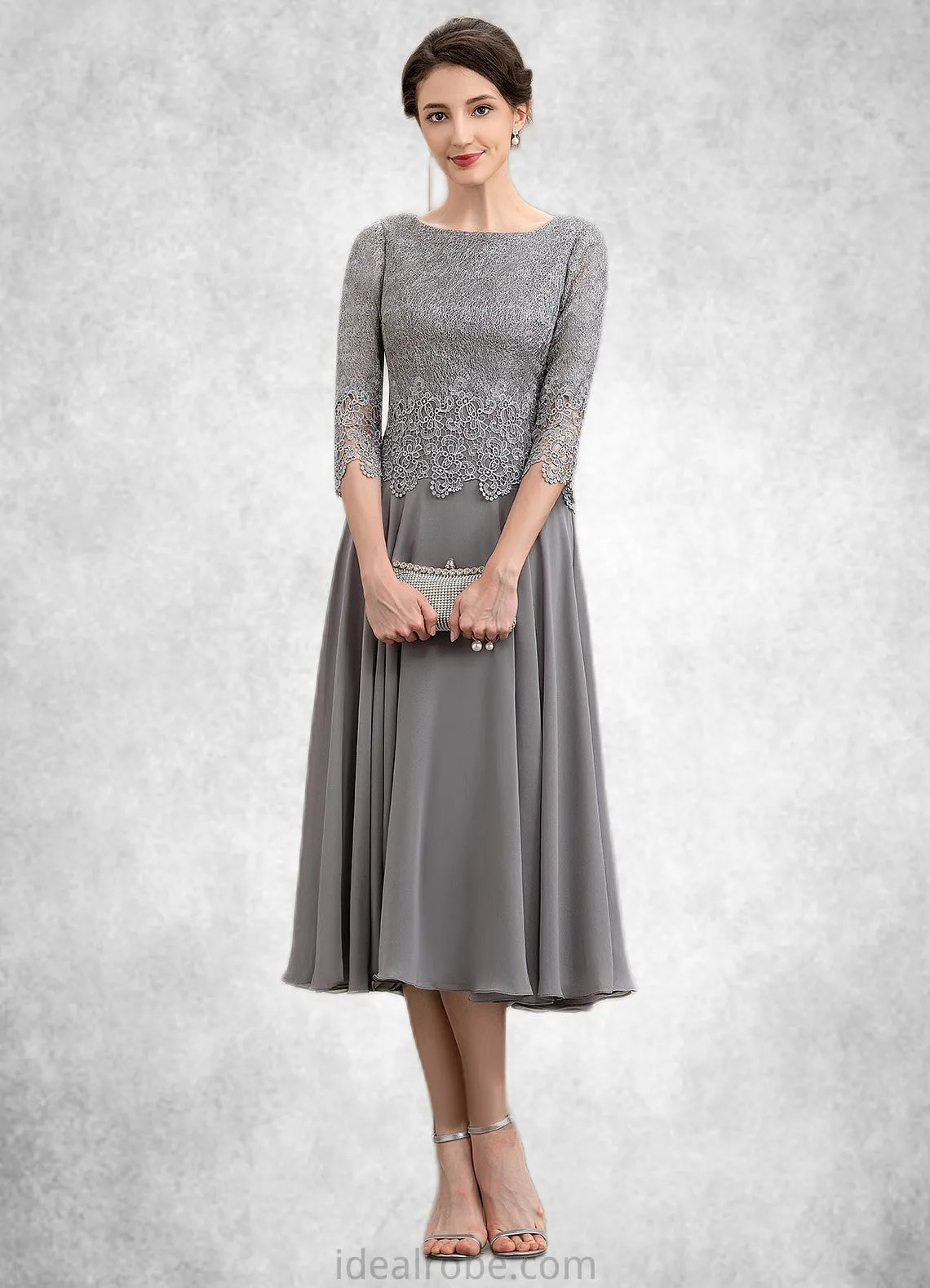 Sienna A-Line Scoop Neck Tea-Length Chiffon Lace Mother of the Bride Dress STK126P0014648