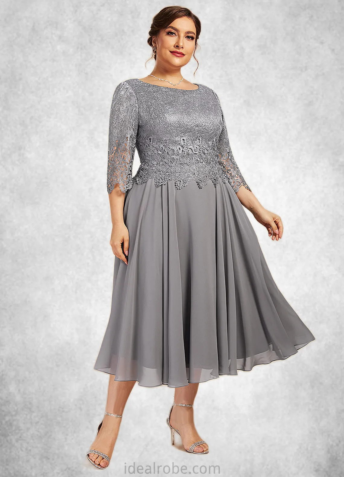 Sienna A-Line Scoop Neck Tea-Length Chiffon Lace Mother of the Bride Dress STK126P0014648