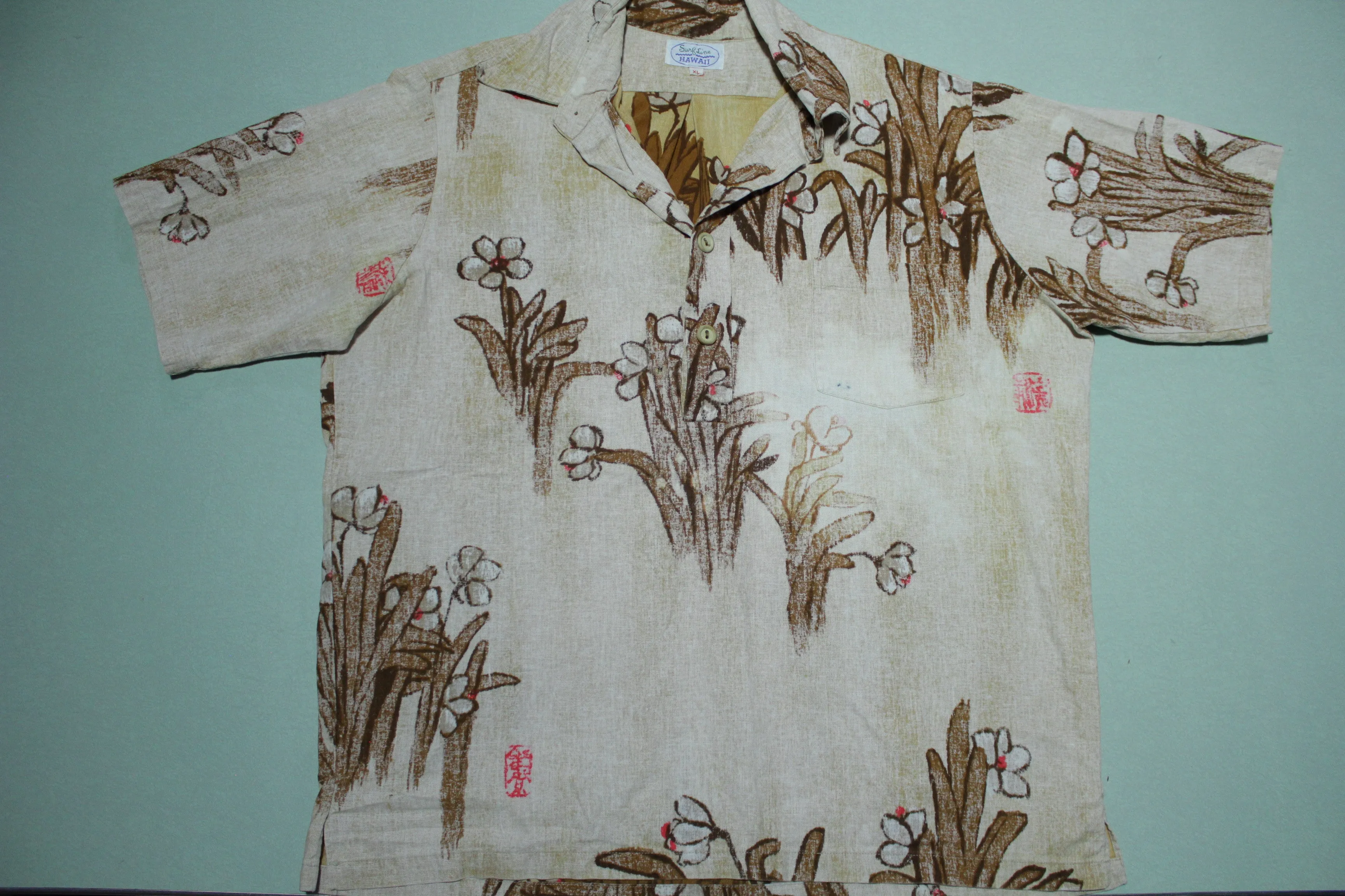 Surf Line Hawaii Vintage 60s 70s Distressed Print Design Polo Button Shirt