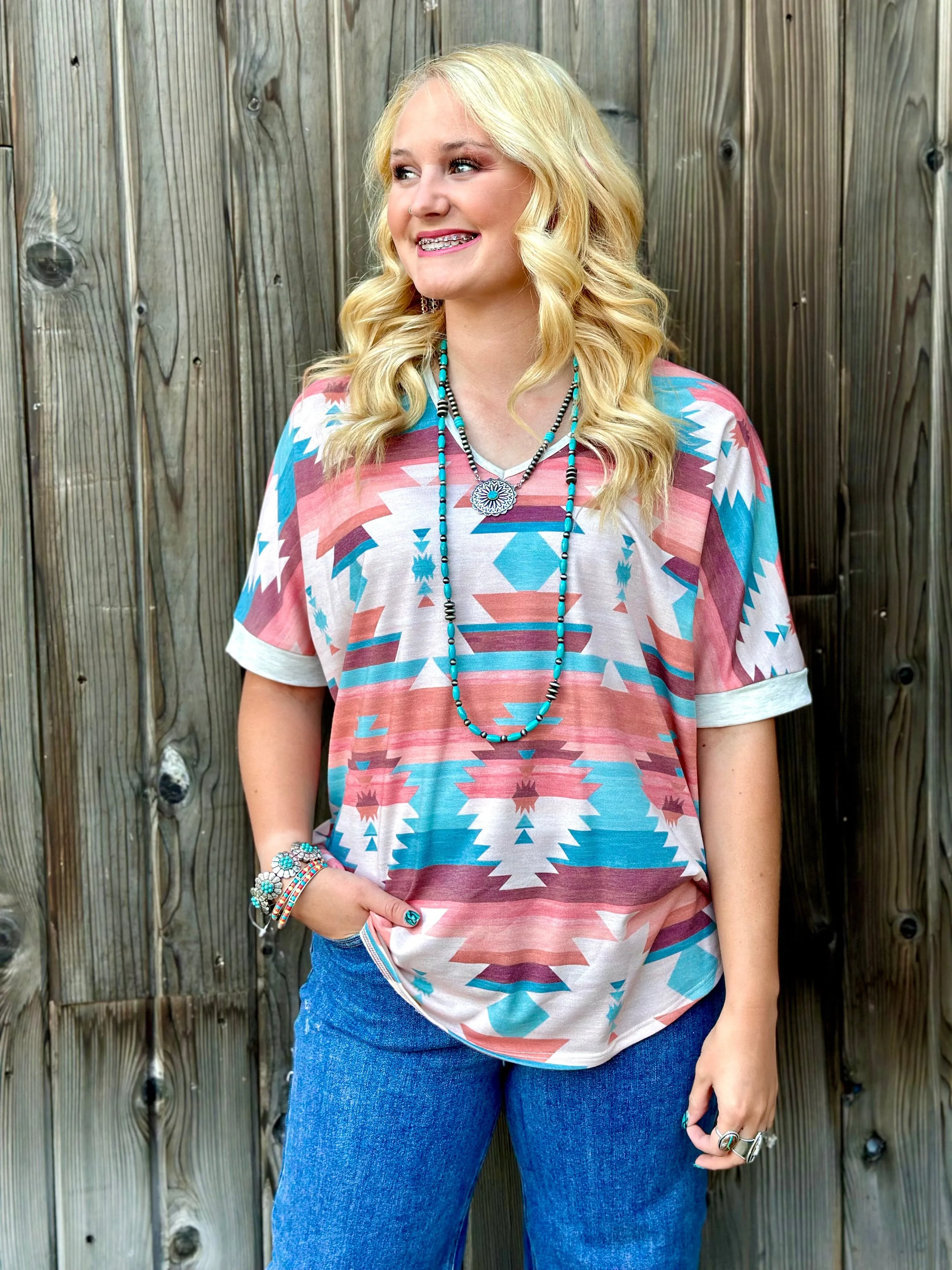 The Spring Areceli Aztec V Neck Tee