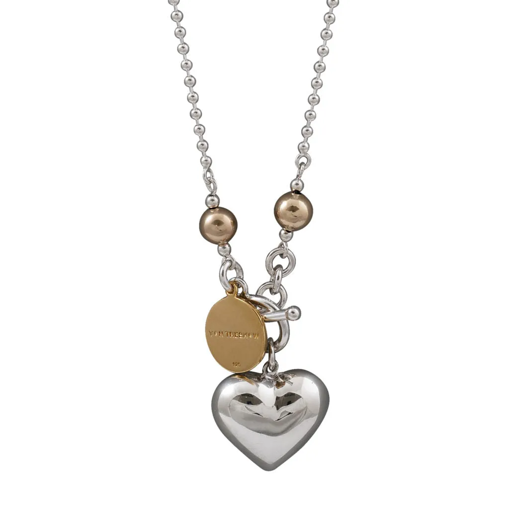 Von Treskow SILVER BALL CHAIN NECKLACE WITH YELLOW GOLD VT PLATE & PUFFY HEART