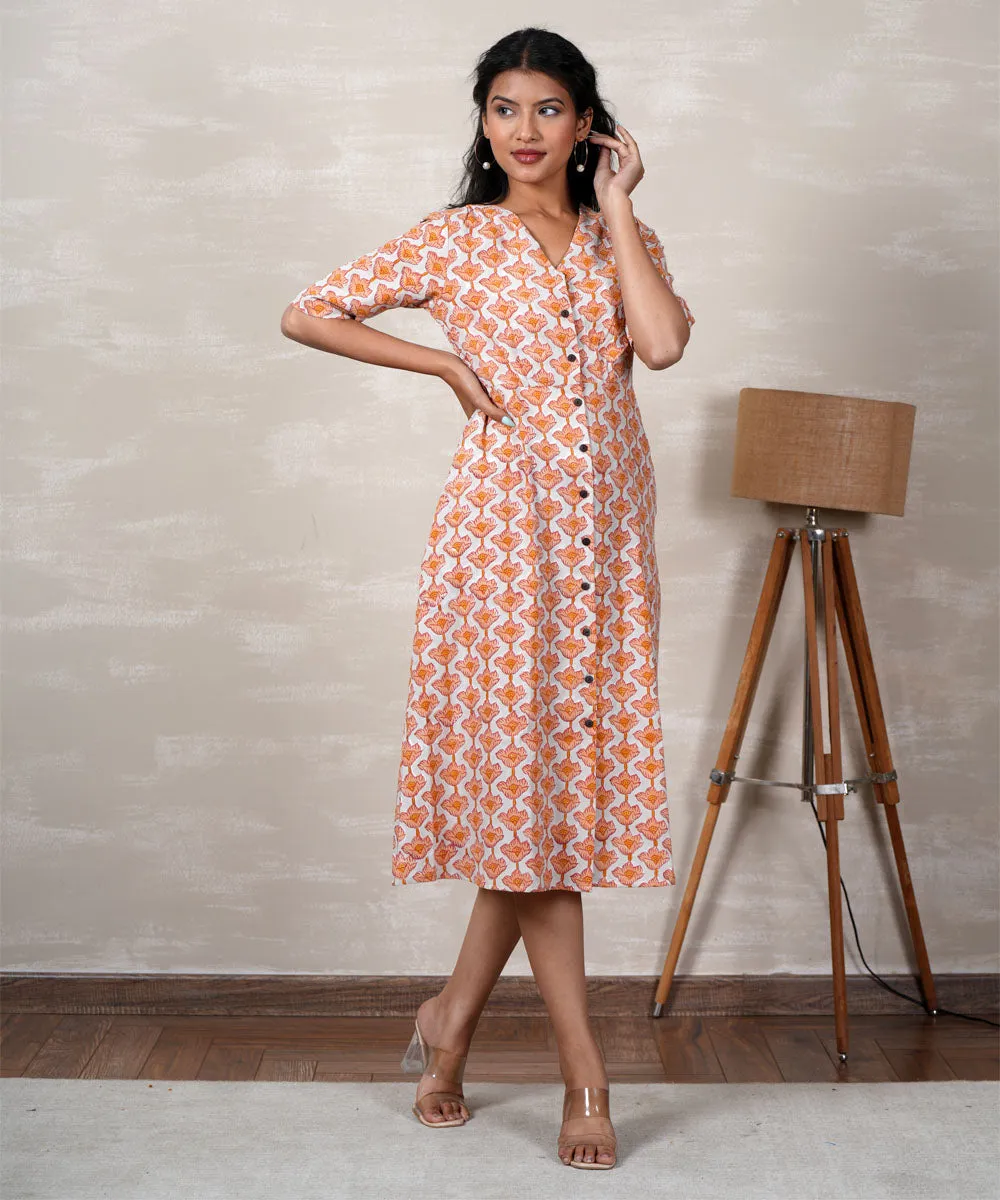 White orange handblock printed cotton dress