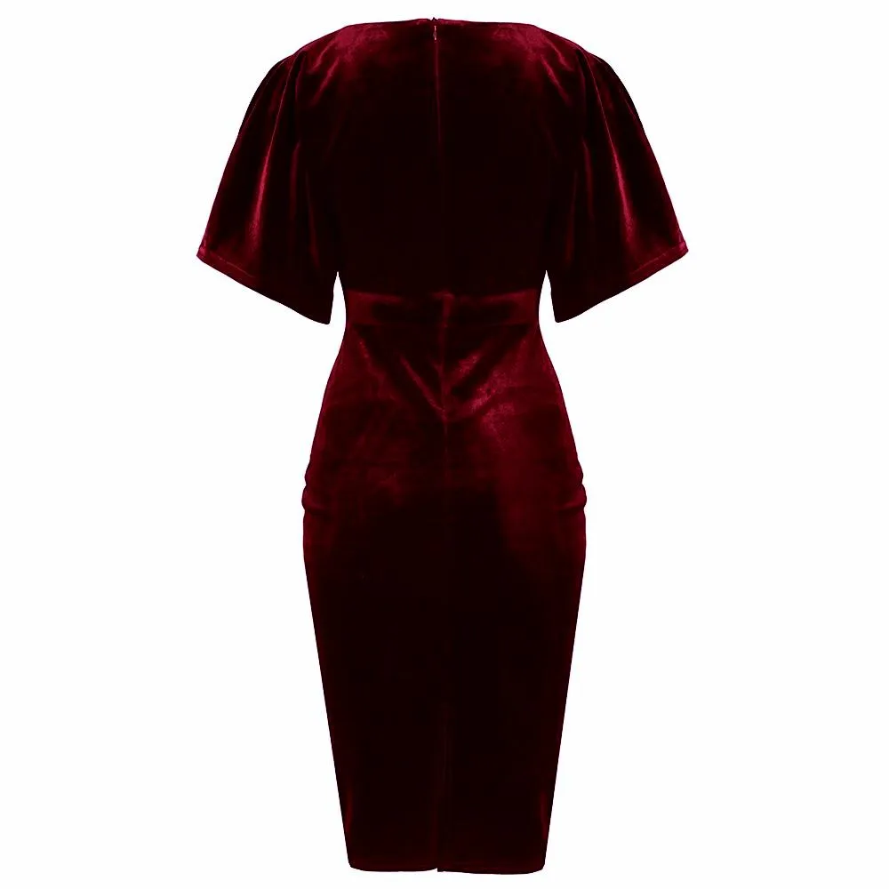 Wine Red Claret Velour Half Batwing Sleeve Crossover Top Wiggle Dress