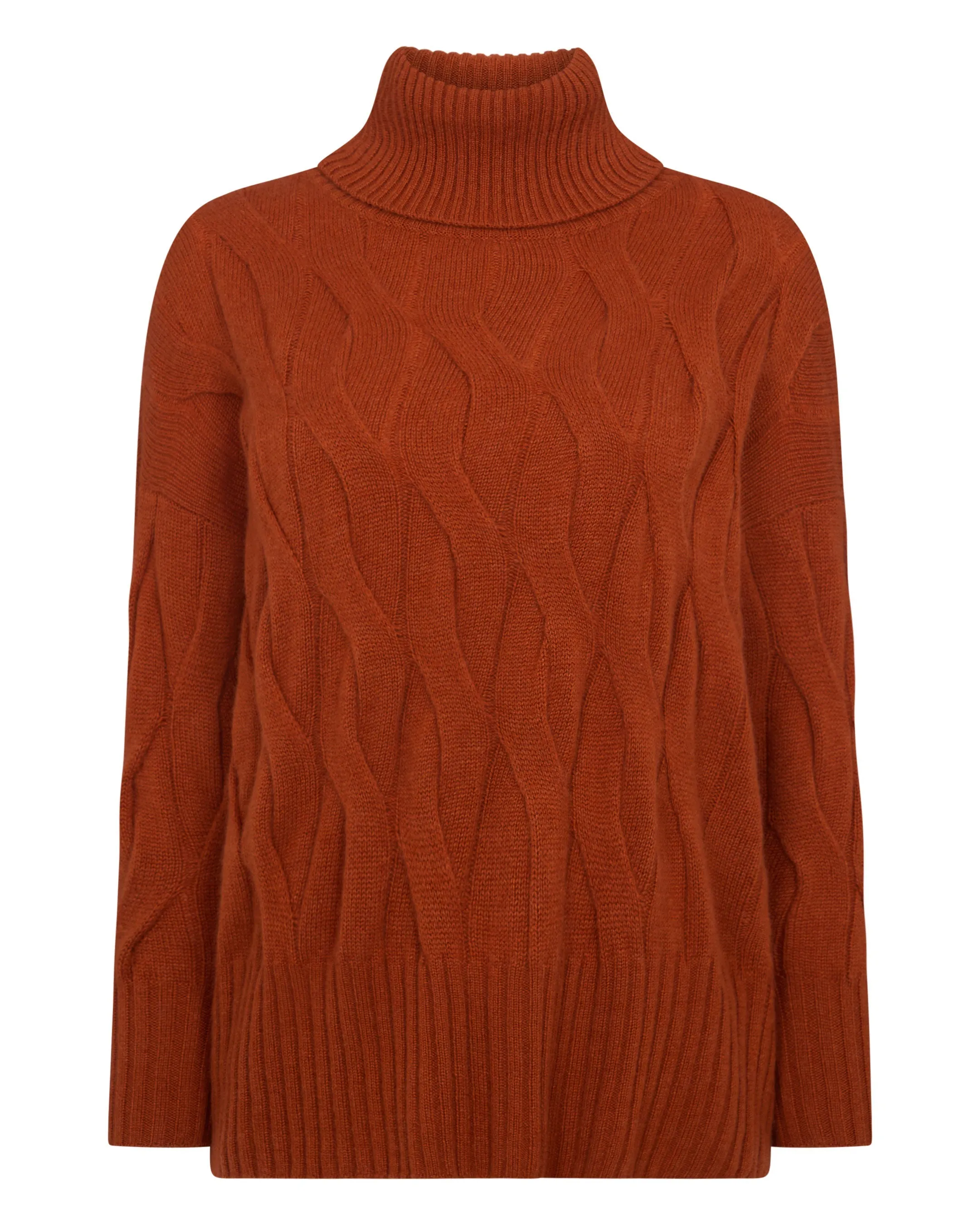 Women's Emmie Relaxed Cable Turtle Neck Cashmere Sweater Rust Orange