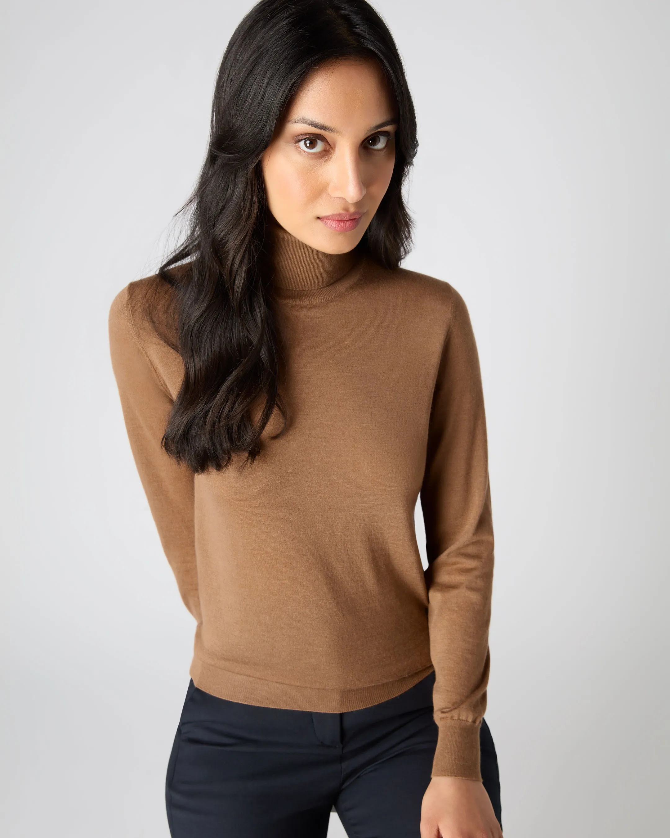 Women's Margot Superfine Cashmere Roll Neck Jumper Dark Camel Brown